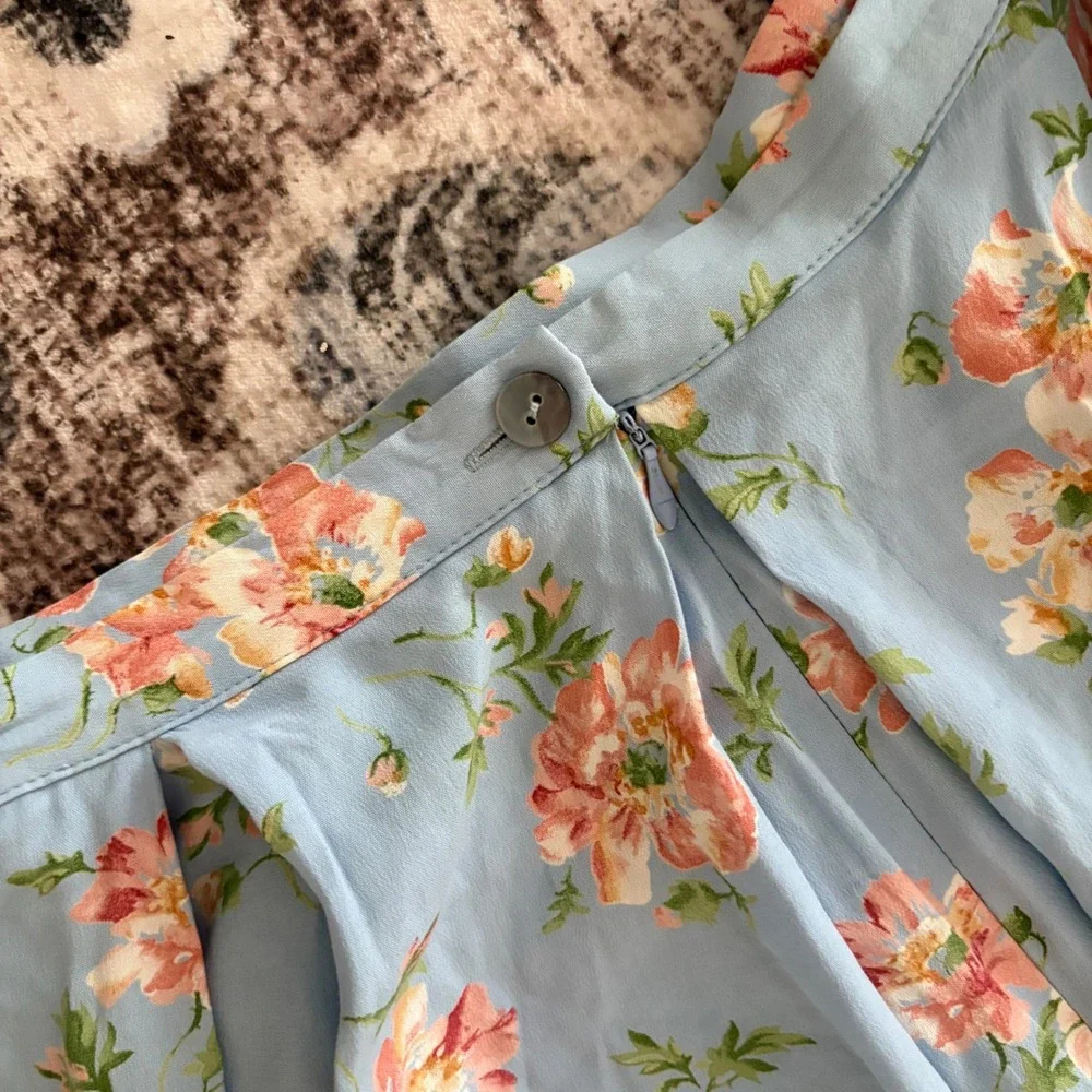 Laura Ashley Floral Blue Pleated Maxi Skirt Size 14